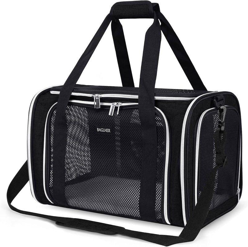 Cat Carrier Bag,Airline Approved Pet Carrier Soft Side Pet Travel 5 Sides Open Doors 3 Sides - Black / 17.0"L x 11.0"W x 12.0"H