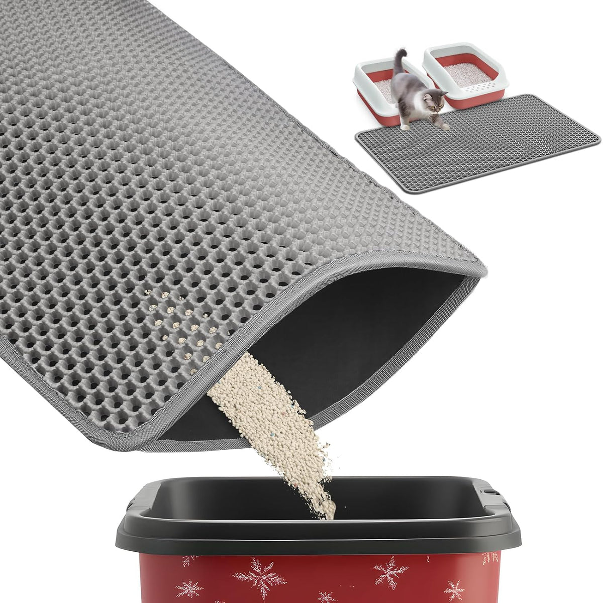 Powools Ultra-Large Cat Litter Mat, 27'' x 19", Double-Layer - 35'' x 30'' - 1 Pack / Grey