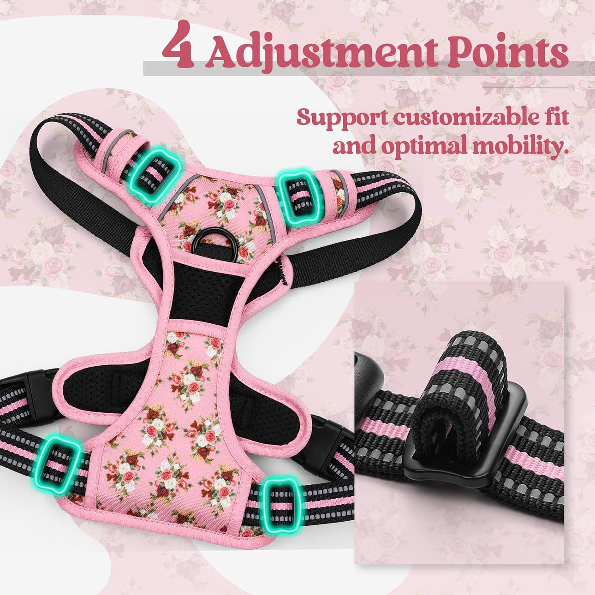 rabbitgoo Dog Harness, No Pull for Large Dogs with 2 Leash Clips - X-Large / Pink Rose - image 4