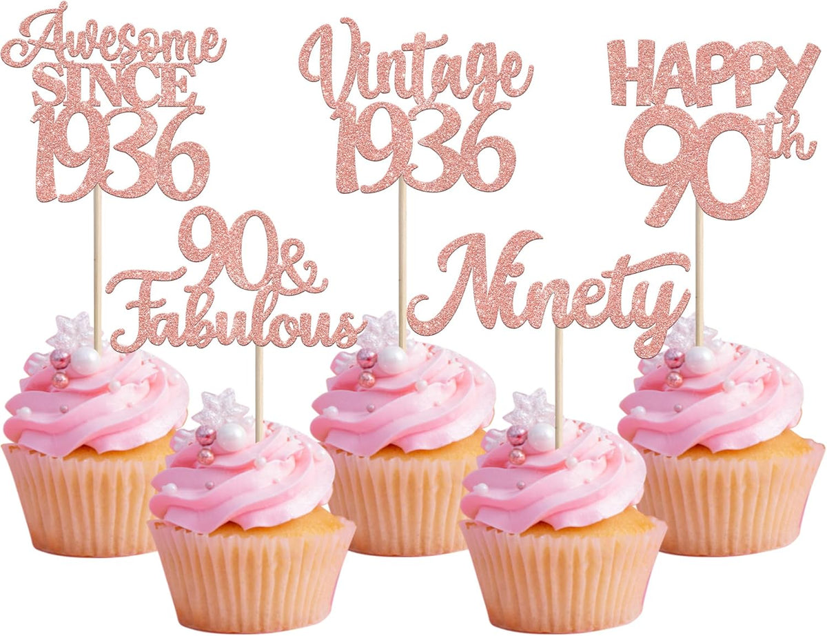 Rose gold glitter vintage 1946 cupcake toppers for an 80th birthday - view 9