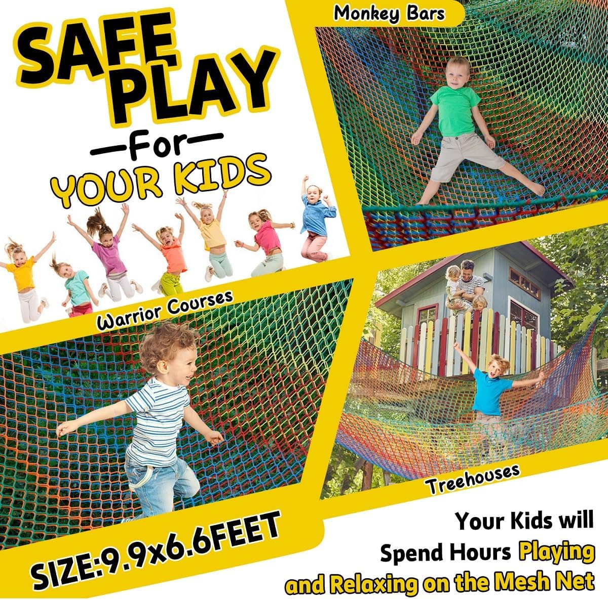 Climbing Net for Kids - 9.9FT x 9.9FT Double Layers Heavy Duty Playground Safety Net, Climbing - Rainbow / 6.6' x 9.9' - image 2