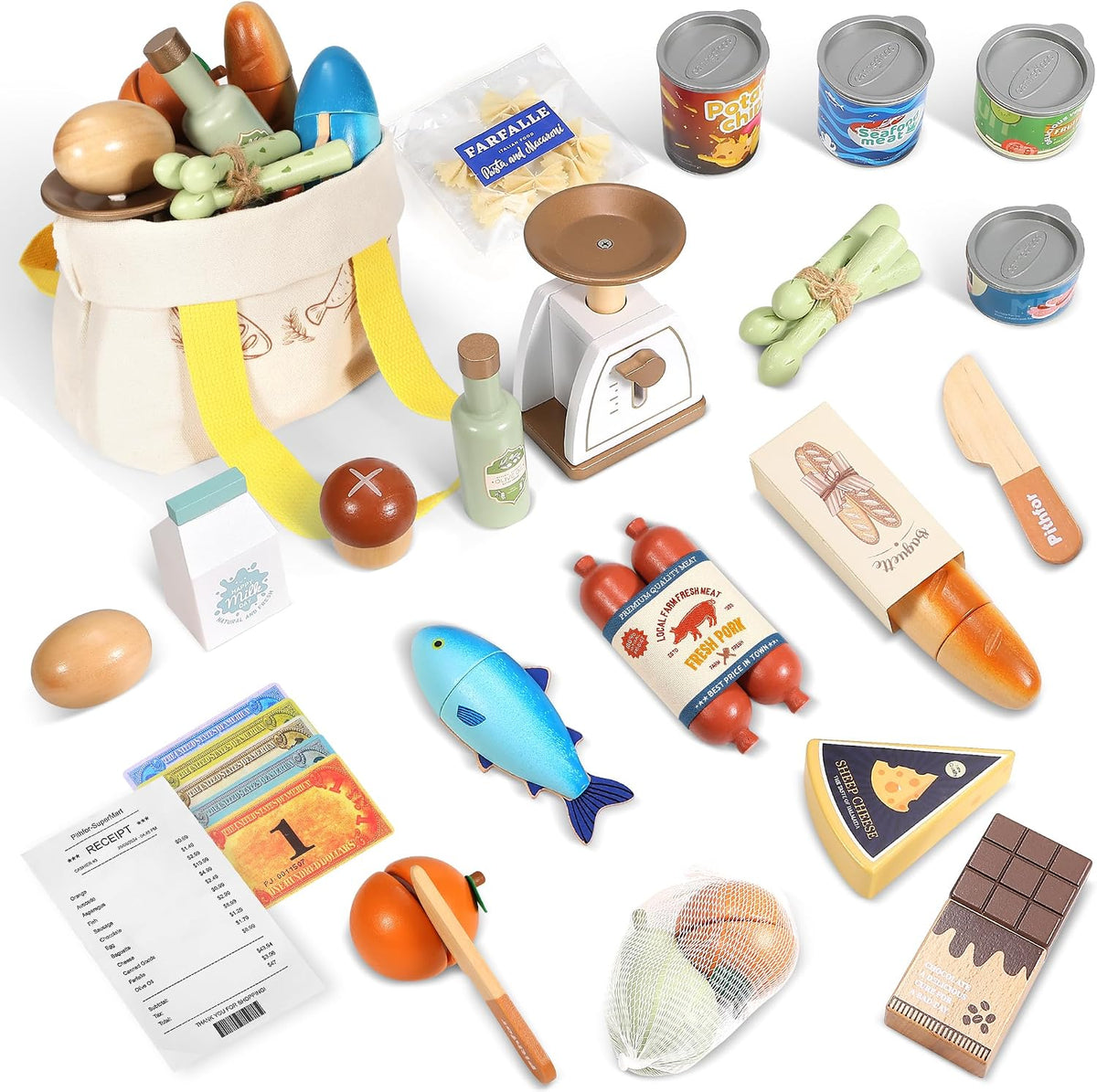 Pithfor wooden play cooking set with pot, pan, dishes, utensils and play food