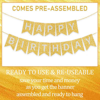 Happy Birthday Banner,Pre-Strung Black and Gold Party Decorations，16ft Pre-Strung Hanging Sign - gold1 - image 3