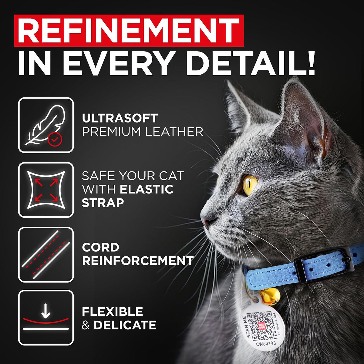 WAUDOG Leather Cat Collar with Bell Elastic Strap Stretchy Kitten - Blue / 8"- 12" Without Holder - image 2