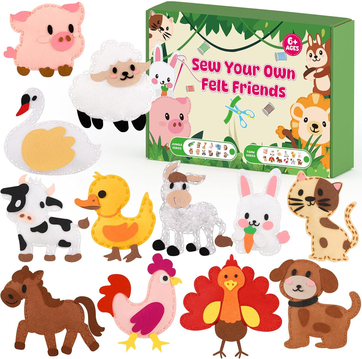 YEETIN sewing kit for kids with 12 pre-cut felt animals, thread and plastic needles - view 2