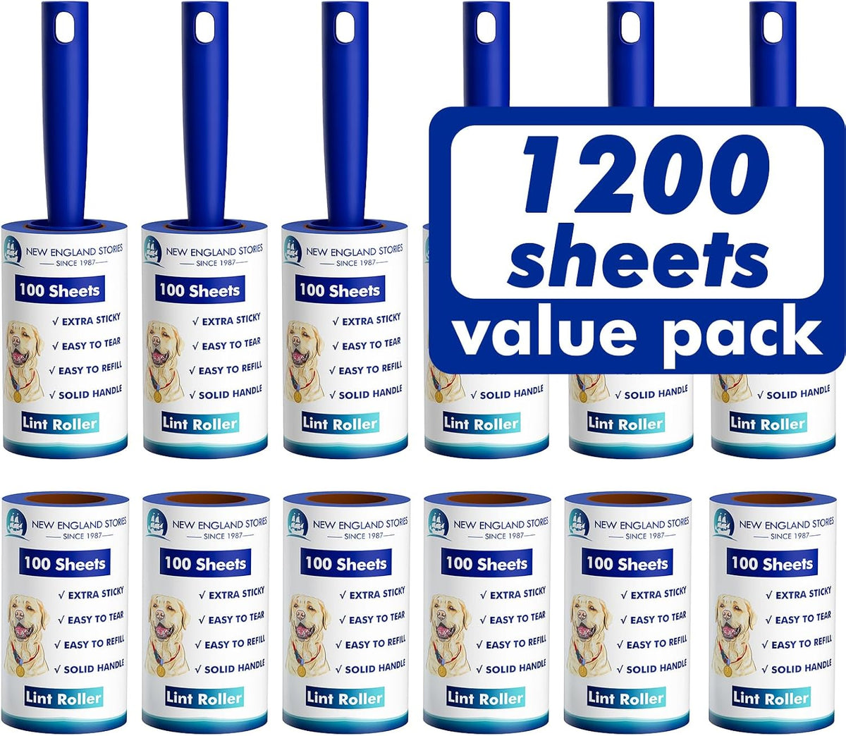 1200 Sheets Lint Roller with 6 Upgraded Handles - 6 Handles + 6 Refills + 1200 Sheets