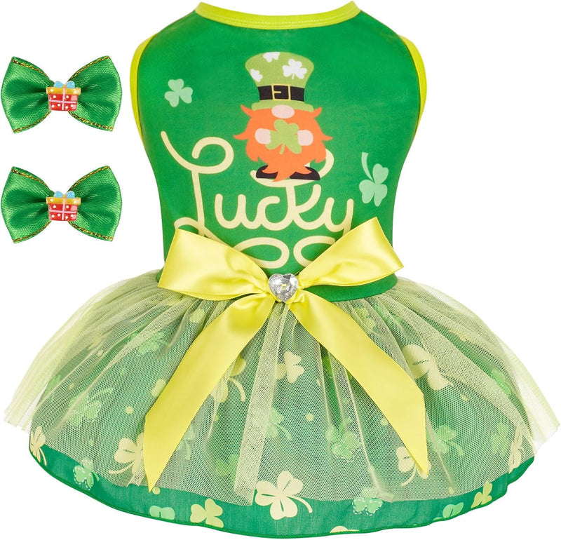 Dog Halloween Dress, Pumpkin Print Tulle Outfit with Hair Bow, M – Essentials for Dogs - St. Patrick's Day / Large