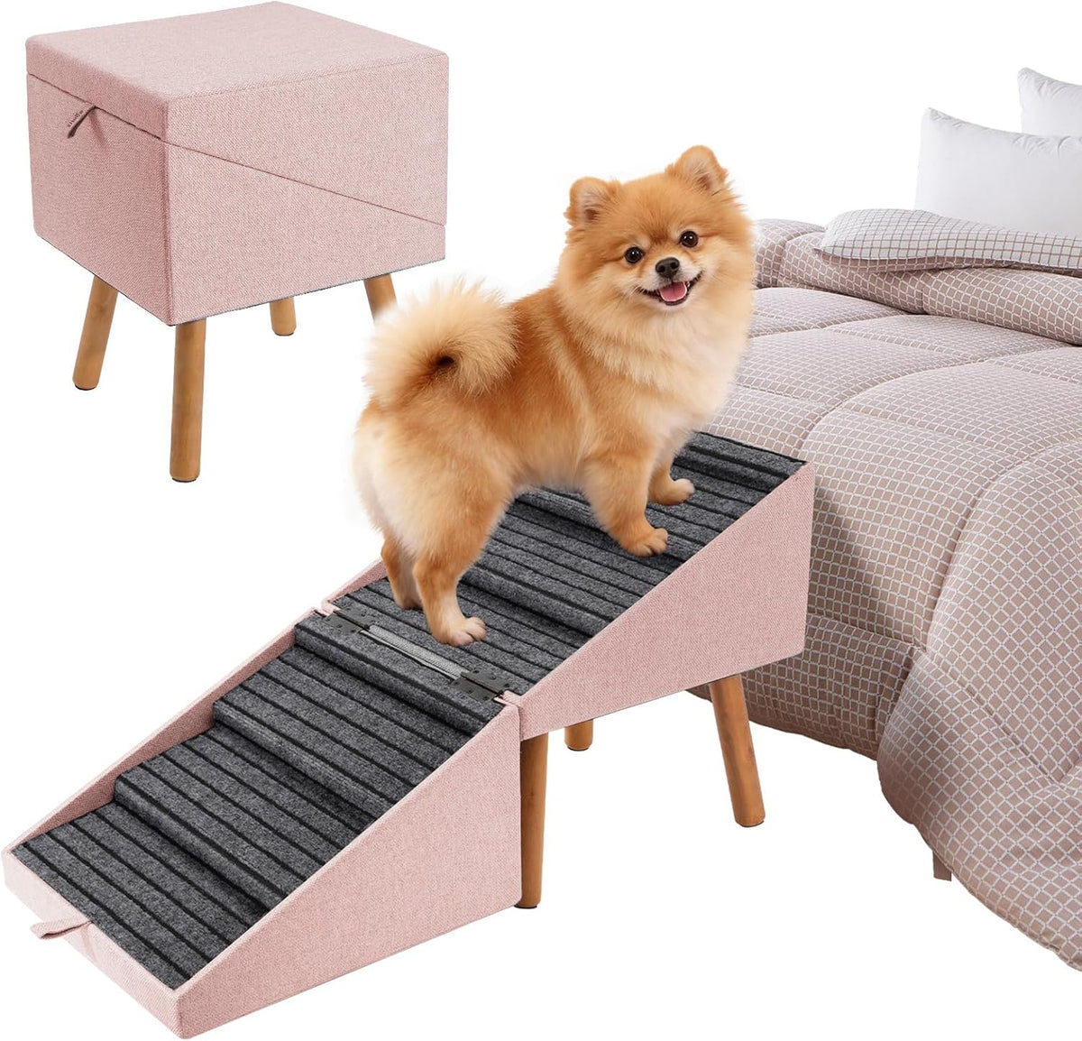 17" H Split Ottoman Dog Ramp for Couch - 21.06" H- Pink