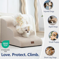 GoGoBunny Waterproof High Density Foam Curved Dog Stairs for High Beds Couches 19.7" H, 4-Step Ramp Dog Steps Friendly to Small Medium Dogs or Pets Joints, Non-Slip Balanced Durable Pet Step, Beige