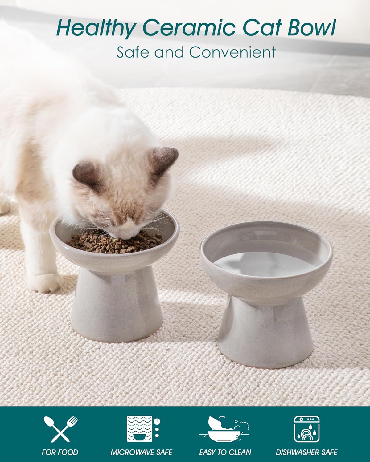 vancasso 2-Pack 6.2" Wide Elevated Cat Bowls - Grey / Food & Water Bowl Set - image 3
