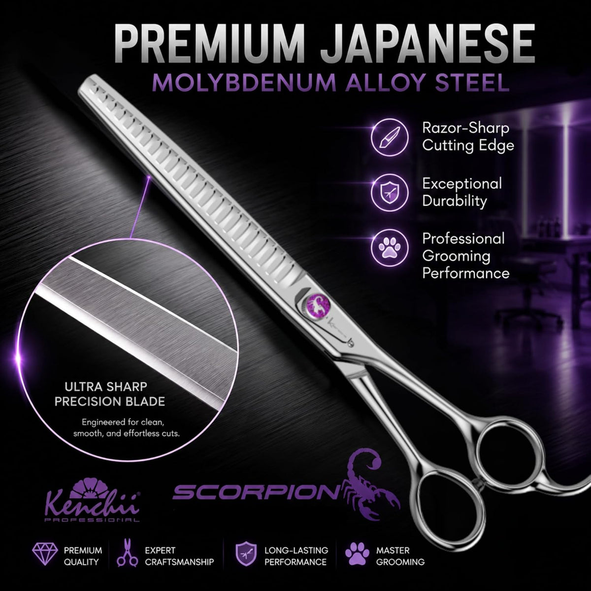 Kenchii Scorpion Dog Grooming Scissors 7in Curved - 24 Tooth Blending - image 2