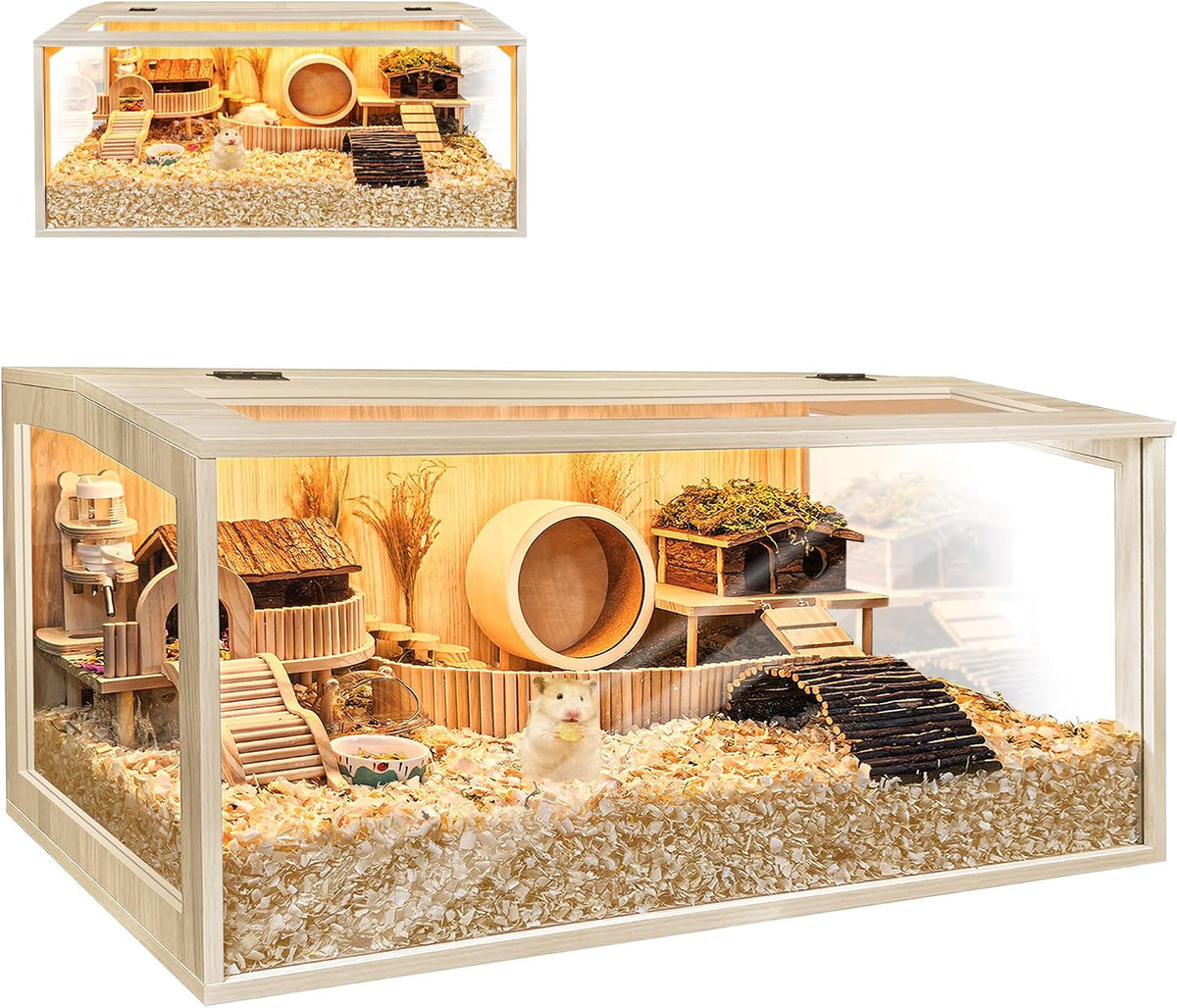 Hamster Cage Chewproof, Large Hamster Cages and Habitats - Natural Oak Wood / 48"L x 20"W x 20"H / Openable Wooden Roof