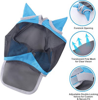 Horse Fly Mask with Ears & Long Nose Cover | Forelock Opening for Tangle-Free Mane Care | UV Protection & Breathable Mesh | No Rub Fit and Enhanced Visbility for Trail Riding Paleblue Pony