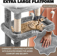 Large Cat Tree Tower for Large Cats, Cat Scratching Post, Self Grooming Post, Interactive Cat Toys, Oversized Perch and Basket, Heavy Duty 72", Light Grey