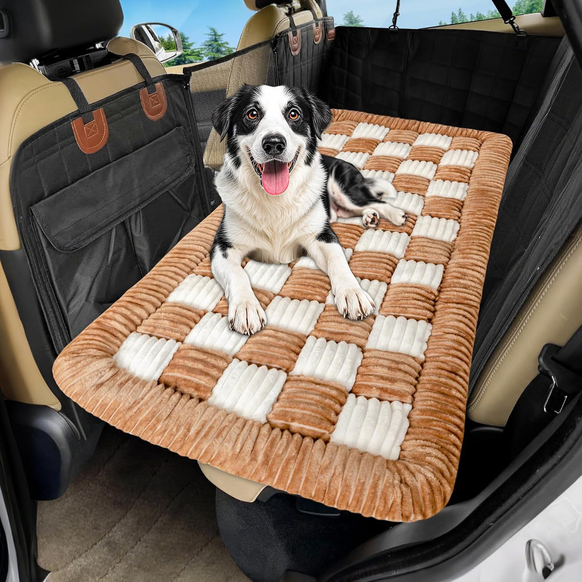 Dog Car Bed Mat Non-Slip Backseat Extender Dog Bed 50" x24.6" – Essentials for Dogs - Brown and White / For Cars/ SUV/ Small Truck (50"×24.6")