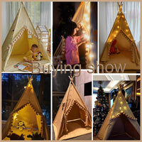 RONGFA cotton canvas kids teepee tent with pompom ball trim, floor mat and star light - view 4