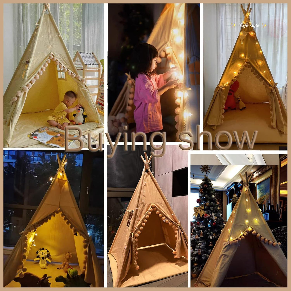 RONGFA cotton canvas kids teepee tent with pompom ball trim, floor mat and star light - view 4