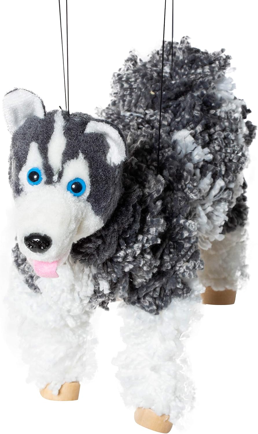 Artisan Owl black Siberian husky marionette puppet with yarn body and wooden feet - view 2