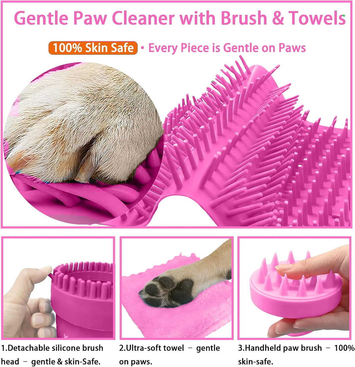 Dog Paw Cleaner Cup with Detachable Top Brush for Large & XL Dogs – Essentials for Dogs - Large(3Towels&Brush) / Pink - image 4