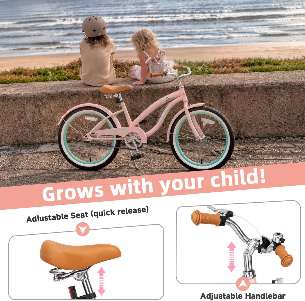 ACEGER girls beach cruiser bike with curved frame, submarine chain guard graphic, 16 to 24 inch size - view 4