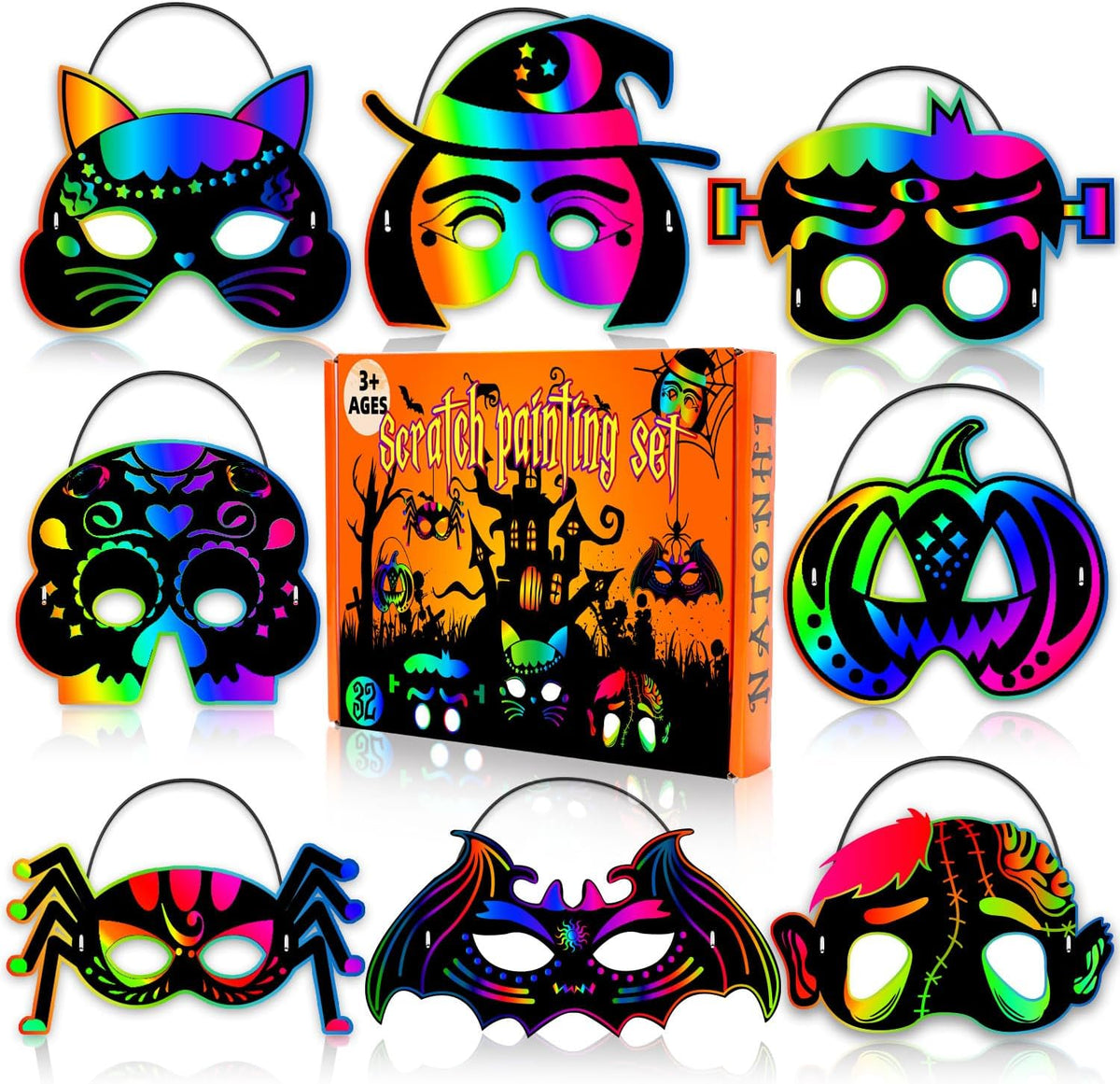 Natonhi 32 rainbow Halloween scratch art masks with wooden styluses and strings - view 6