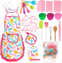 KAEGREEL Kids Baking Chef Set with Unicorn Apron and Mitt - Pink Dinosaur Apron+6 Dinosaur Cookie Cutters
