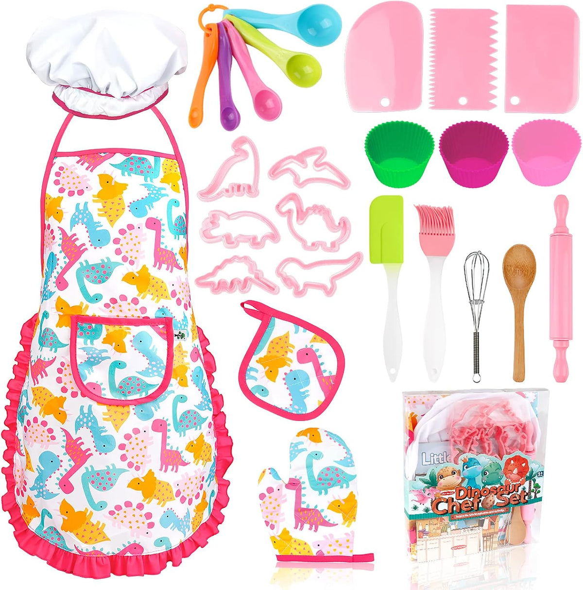 KAEGREEL Kids Baking Chef Set with Unicorn Apron and Mitt - Pink Dinosaur Apron+6 Dinosaur Cookie Cutters