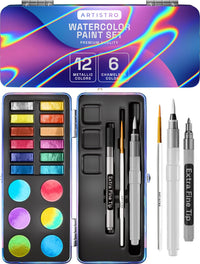 ARTISTRO 50 Metallic Watercolor Paint Set with Brushes for Adults - 18 colors Portable Travel