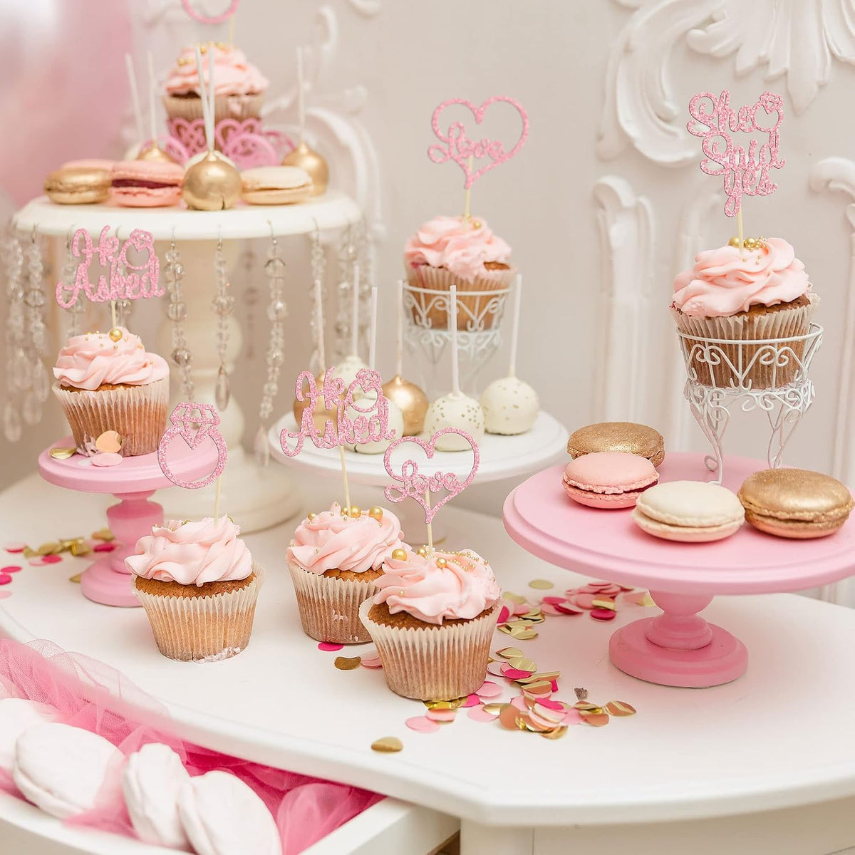 Gyufise He Asked She Said Yes Cupcake Toppers Gold Glitter Diamond - Pink - image 4