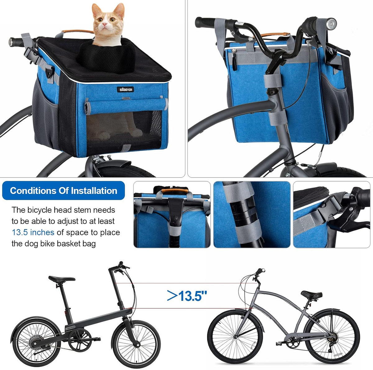 Dog Bike Basket, Soft-Sided Dog Bike Carrier with 4 Mesh Windows for Small Dog Cat Puppies - Grey - Blue-1 - image 4