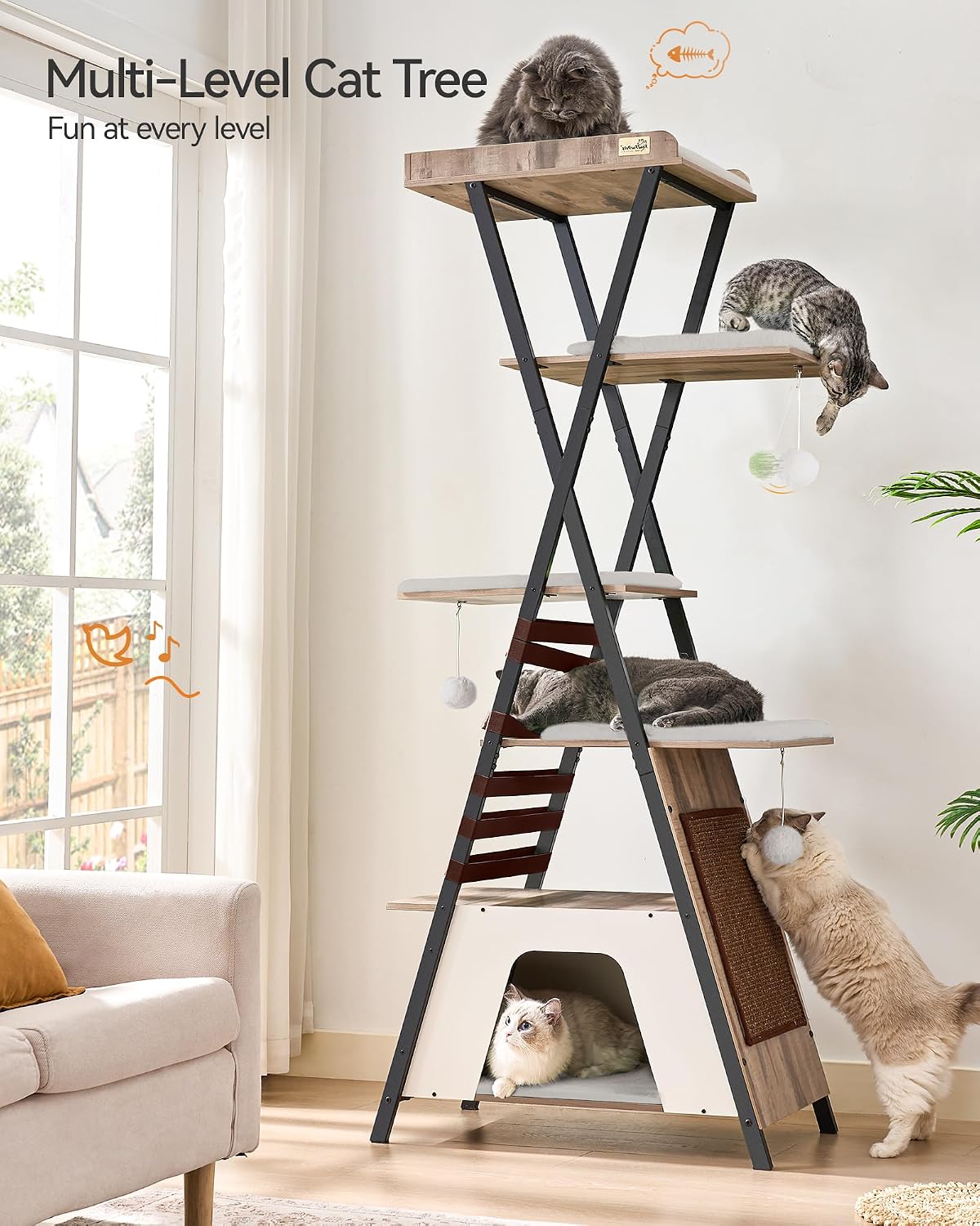 72.4" Modern Cat Tree for Indoor Cats, Multi-Level Cat Condo – Essentials for Cats - Camel Brown - image 2