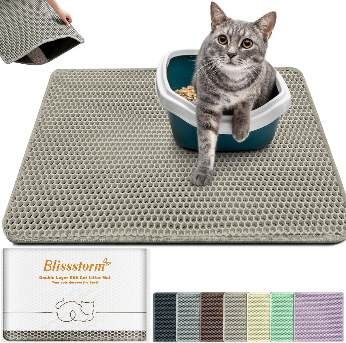 Cat Litter Mat 24"x16", Double Layer EVA litterbox Mat Beige - Beige / Honeycomb-35 x 24 Inches