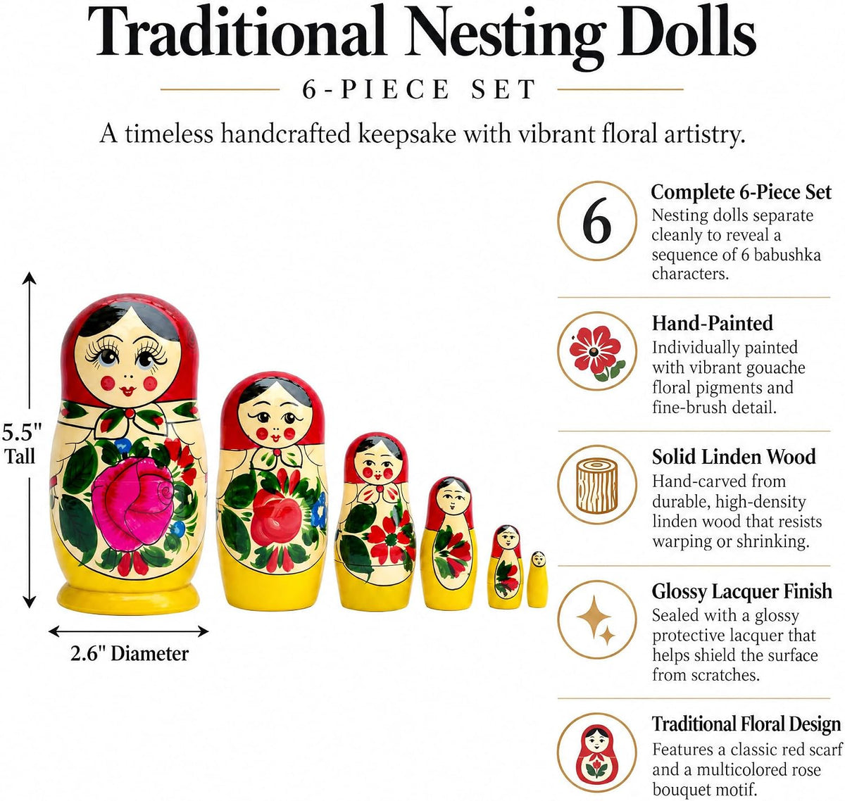 Set of 6 Wooden Dolls Nesting Dolls Semenov Matryoshka 5.75 Inches – Fun for Kids & Family - image 3