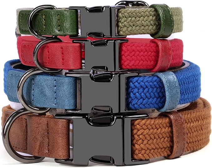 PET ARTIST Soft Cotton Dog Collars for Large Dogs in Rustic Brown, Simple Dog Collar with Quick Release Metal Buckle & D Ring, L Size (15-23")