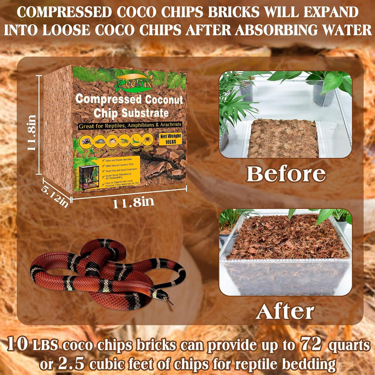 10LBS Coconut Husk Chip Substrate for Reptiles - 1 Pack-10 LBS - image 2