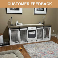 Extra Large Dog Crate Furniture, 85" Sliding Door Double Kennel for 2 Large Dogs Divided, Heavy Duty Wooden Dog Crate Kennel Furniture with 4 Dog Bowls and Drawer Indoor, White