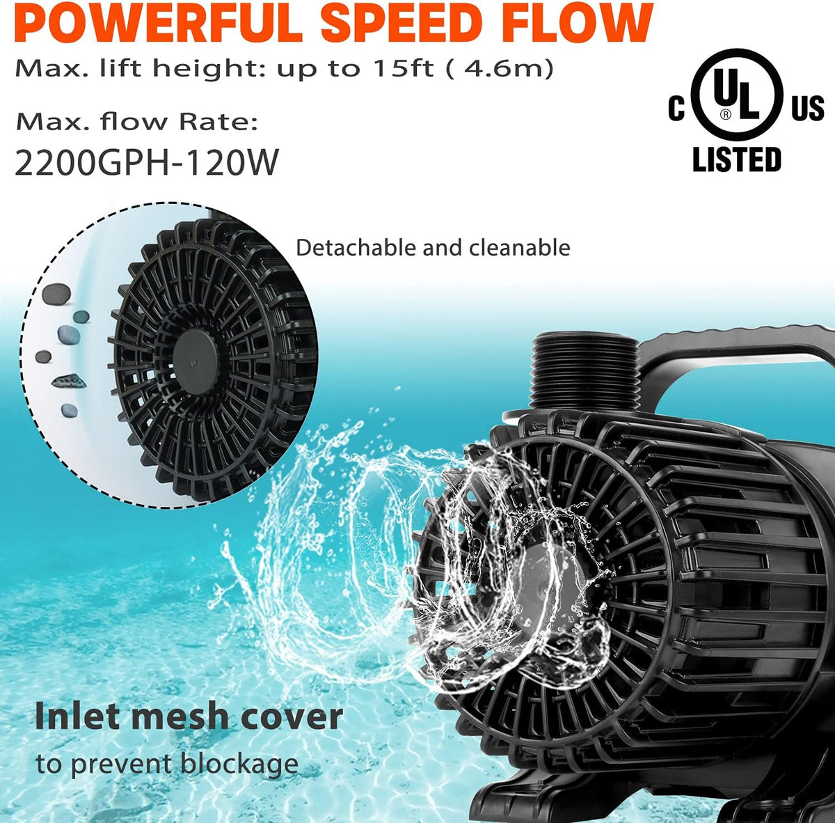 350W 7000 GPH Pond Pump, Ultra Quiet Heavy Duty Submersible Water Pump for Koi Ponds, Fountains - 2200GPH-120W (Pack of 2) - image 3