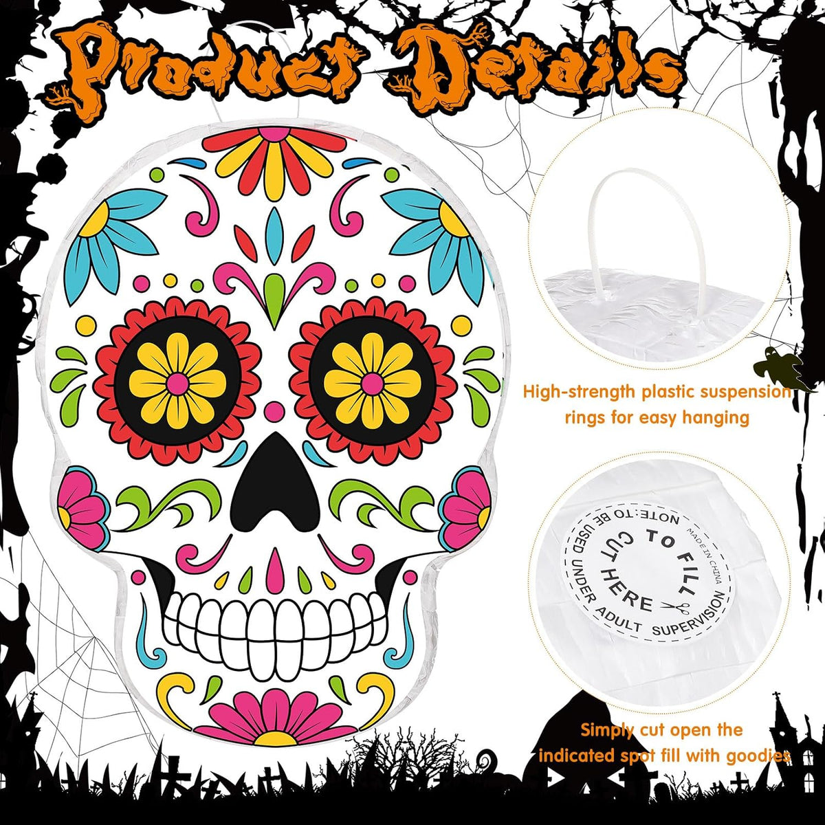 Aoriher Halloween skull piñata with bat stick, blindfold and square confetti - view 13