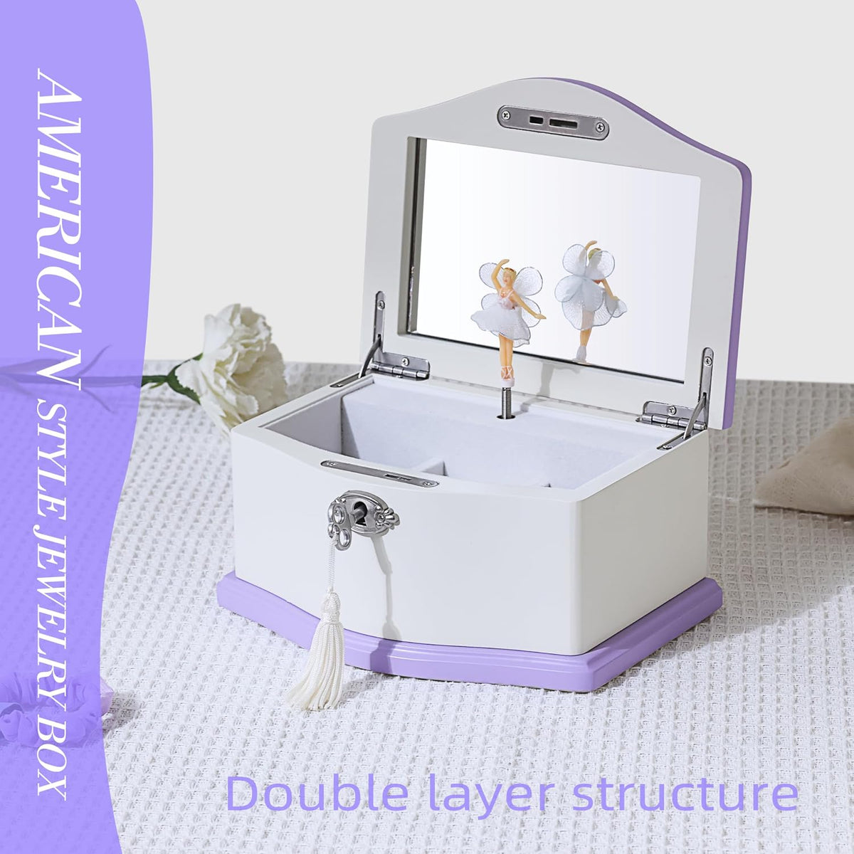 Ballerina Musical Jewelry Box with Mirror for girls，Kid's Jewelry - white/purple-medium - image 3