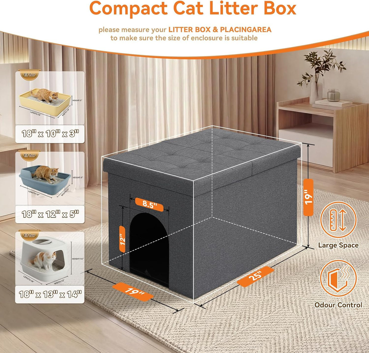 Zerbuger Cat Litter Box Enclosure Furniture for Odor Control – Essentials for Cats - Grey / Large - image 2