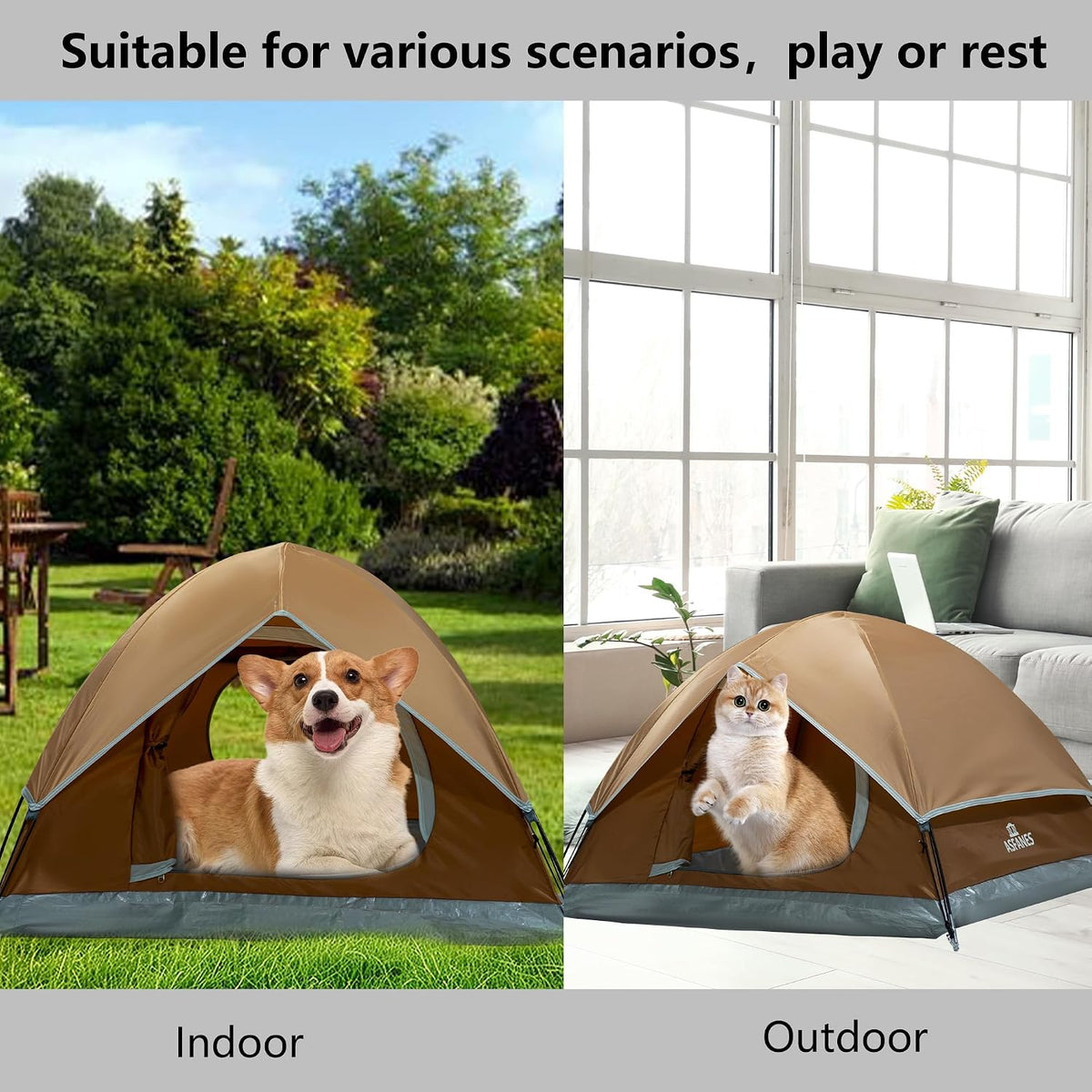 ASFANES Foldable Pet Tent for Medium Dogs & Cats - Brown / L - image 3