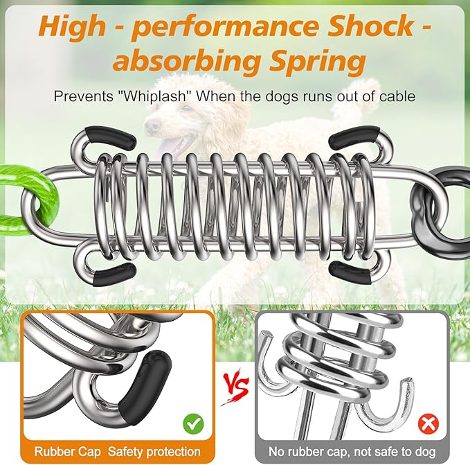 Tresbro 50 FT Dog Tie Out Cable with Spring, Shock Absorbing Tether Chains for Outside Aavilable in 10/15/20/25/30/40/50/70/100/120 FT, Heavy Duty Leads for Yard for Medium & Large Dogs Up to 500 LBS