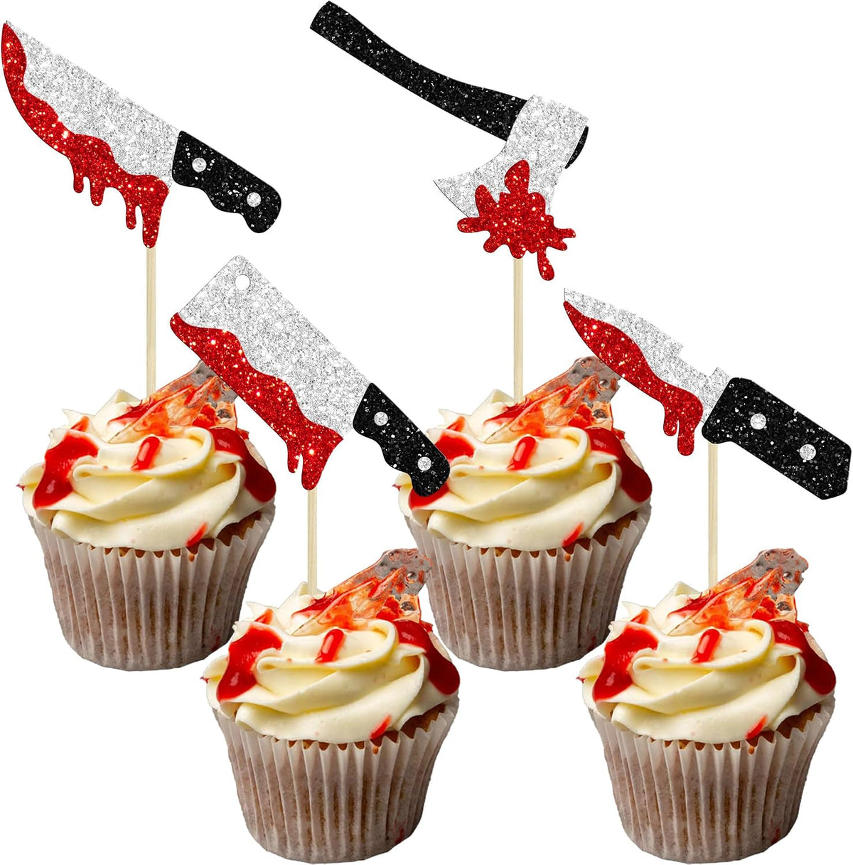 Gyufise 24Pcs Halloween Bat Cupcake Toppers Black Glitter Bat - Silver Red