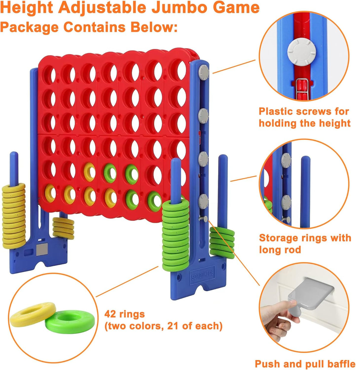 Height Adjustable Giant 4 Connect in a Row Game – Fun for Kids & Family - Blue/Red - image 3