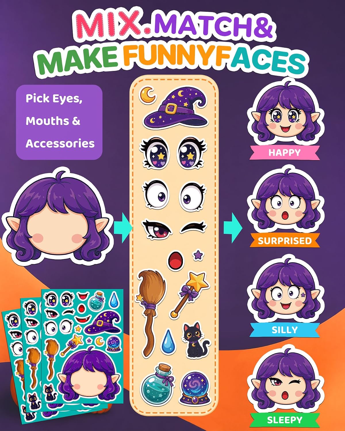 Halloween Stickers for Kids, 24 DIY Face Sheets - Halloween Cute - image 4