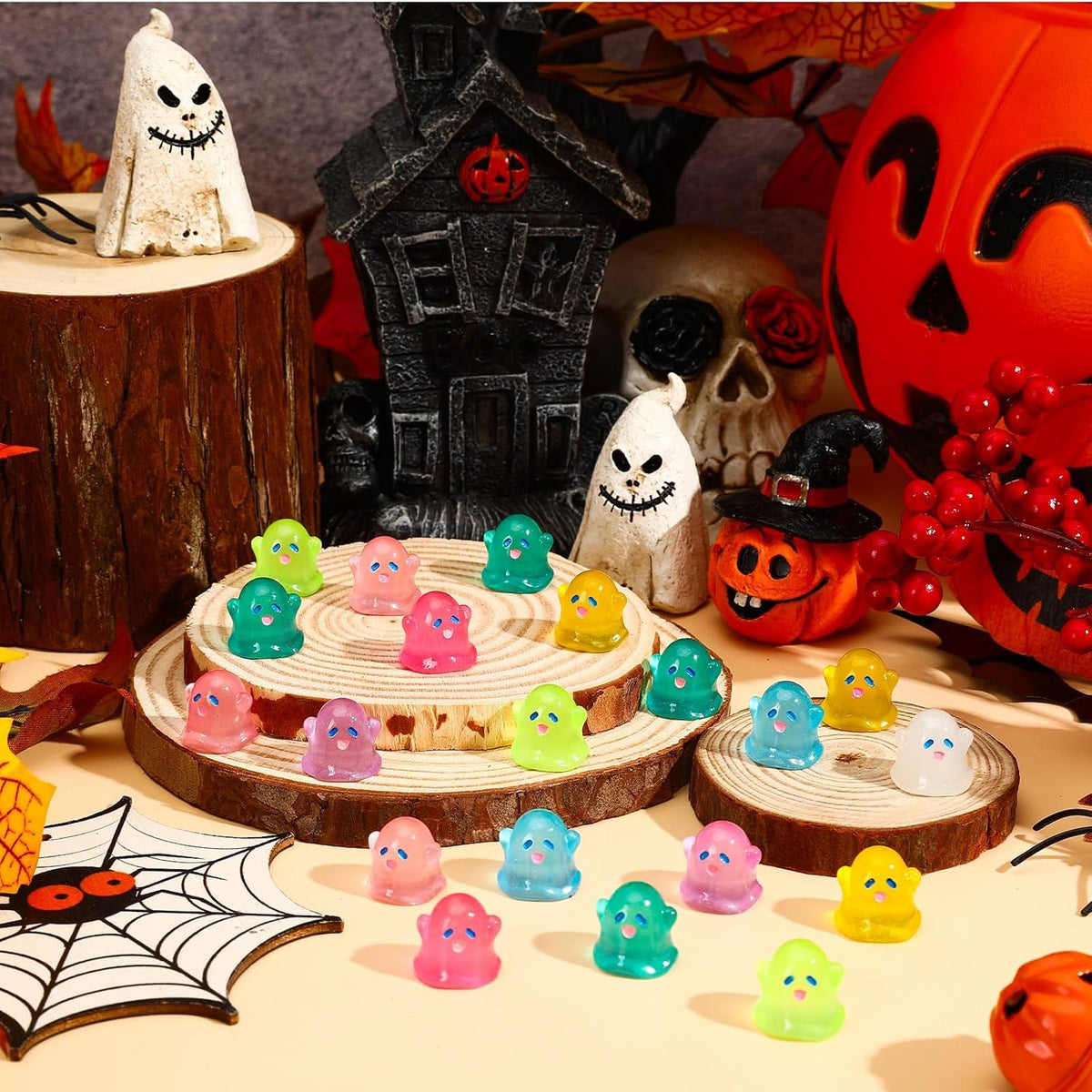 JUNEBRUSHS 50 Pcs Mini Pumpkins Fake Pumpkins Artificial Pumpkins - Ghost Style - image 2