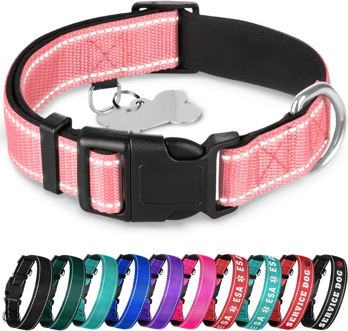 Reflective Neoprene Padded Dog Collar with Quick Release Buckle – Essentials for Dogs - Pink / X-Large