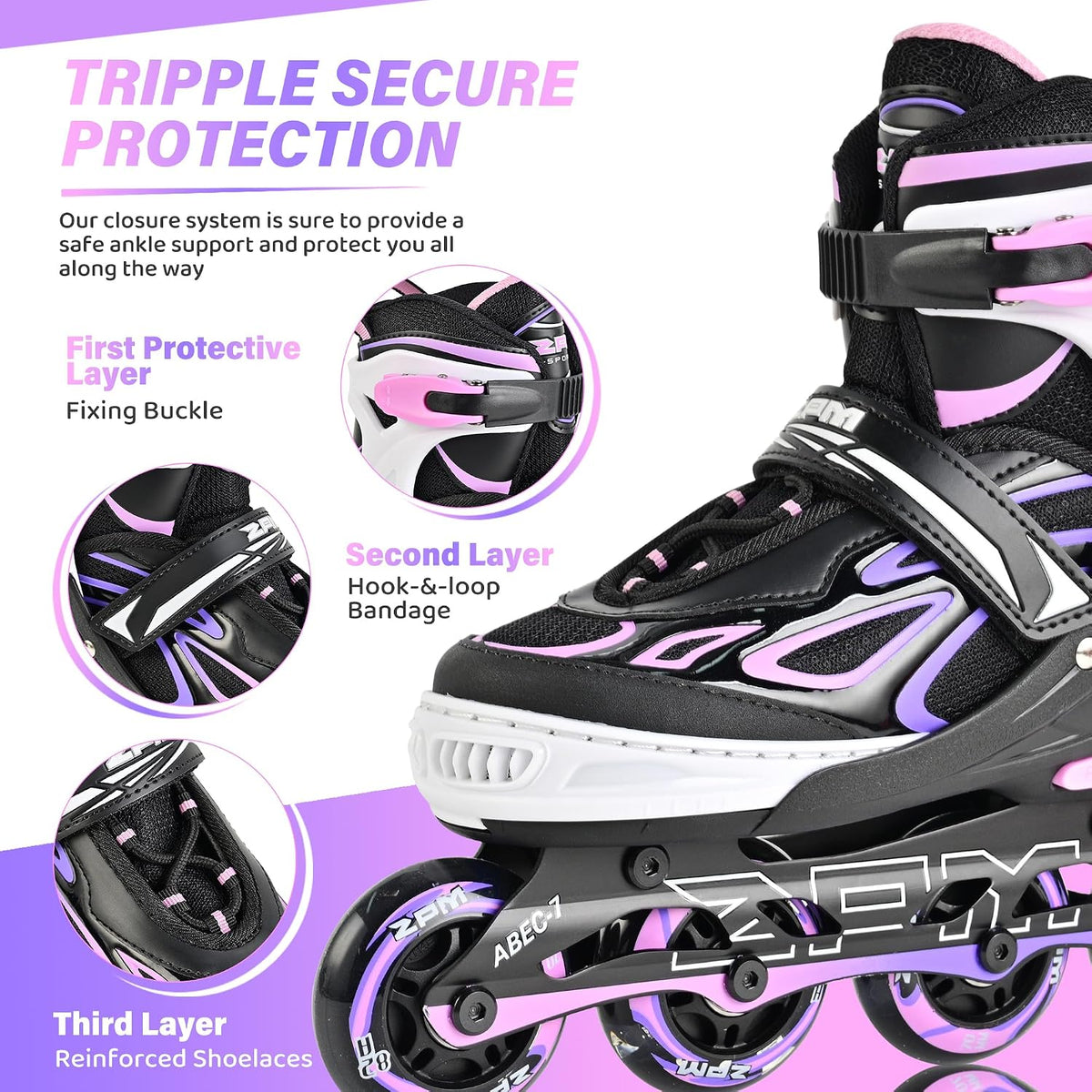 2PM SPORTS Adjustable Inline Skates for Kids, Youth and Adults - Purple Pink / Medium - Big Kid (13.5C-4 US) - image 4