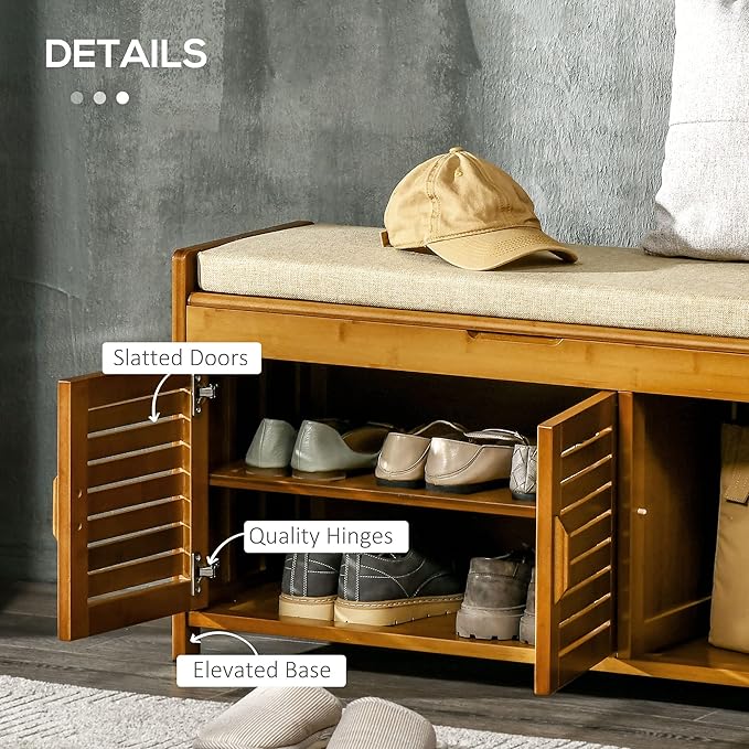 Shoe Bench with Storage Cabinets, Bamboo Entryway Bench with Seating Cushion, 3 Doors and Hidden Compartment for Hallway, Brown