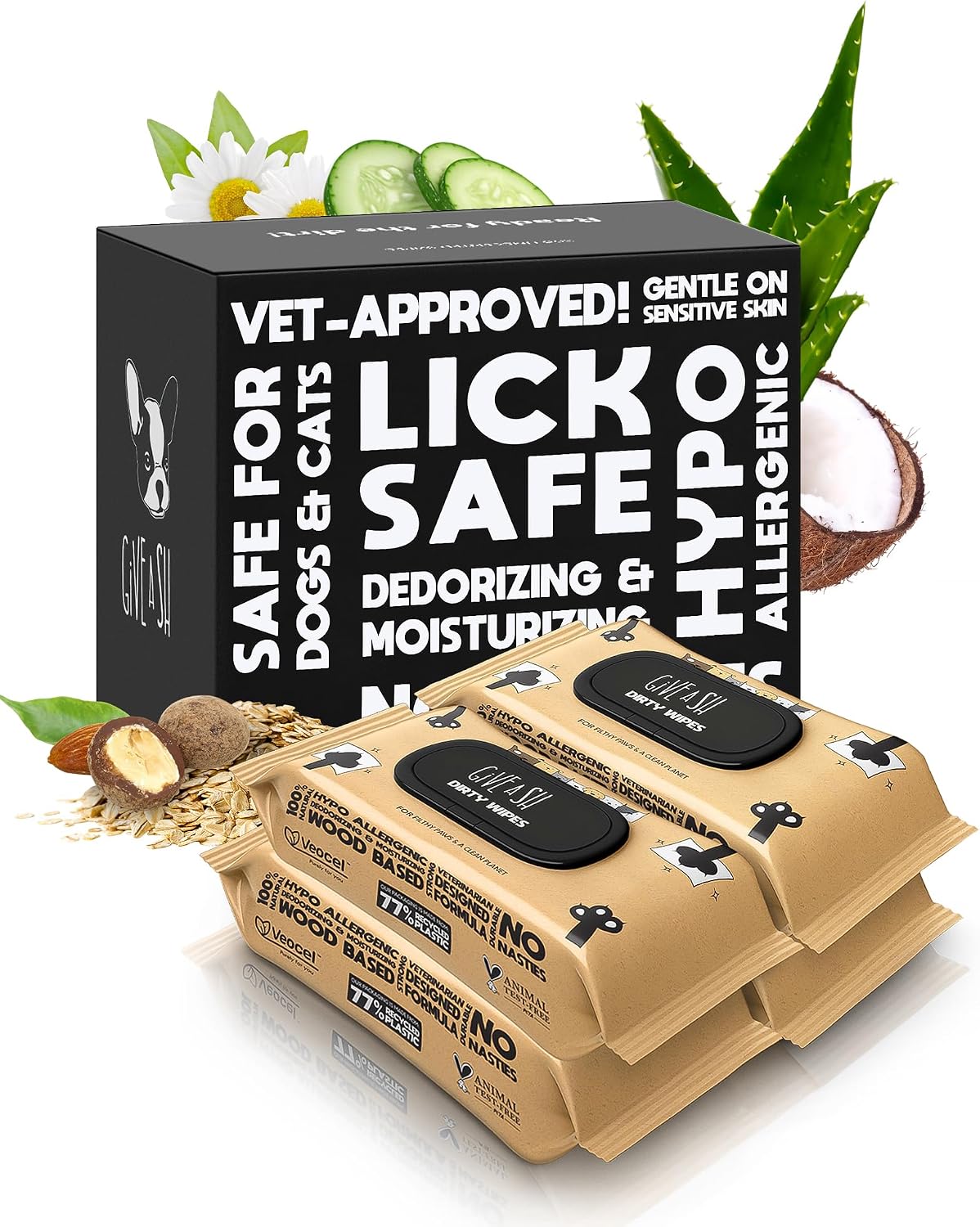 G.A.S Lick-Safe Daily Pet Wipes for Dogs and Cats, Unscented - 1 Count (Pack of 400) / Grooming Wipes